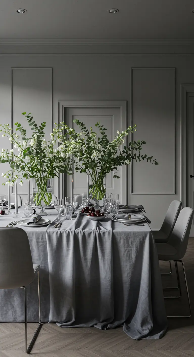 Table à manger avec nappe en velours gris et grands vases de branches d'eucalyptus.