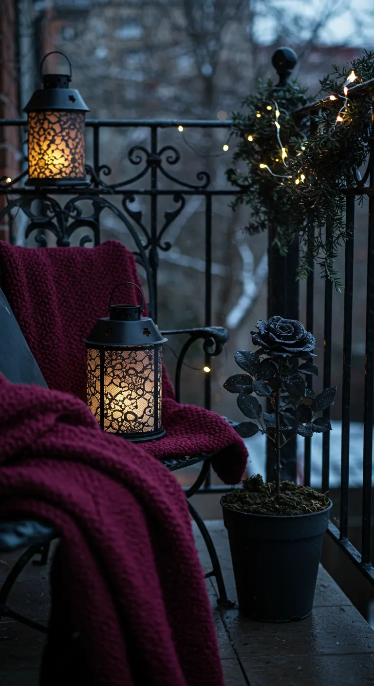 Balcon gothique avec chaise en fer forgé, rose noire, plaid cramoisi et lanterne dentelle. 