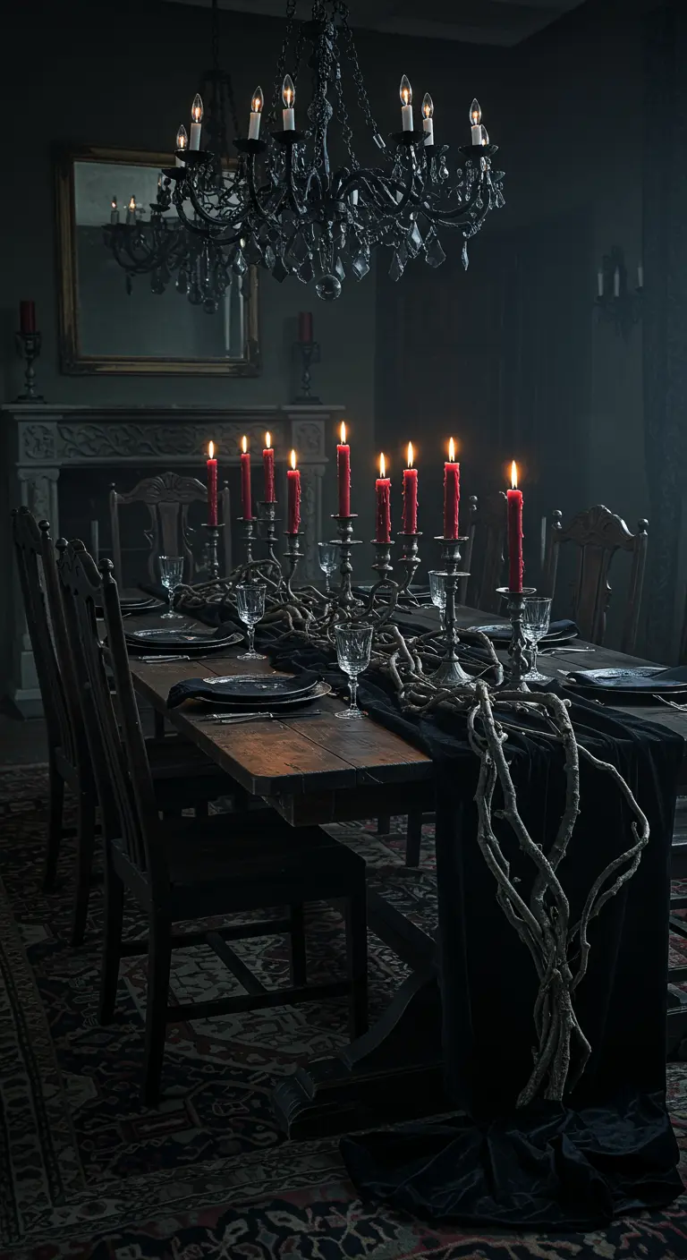 Table sombre et gothique avec chemin de table noir, branches et bougies rouges.