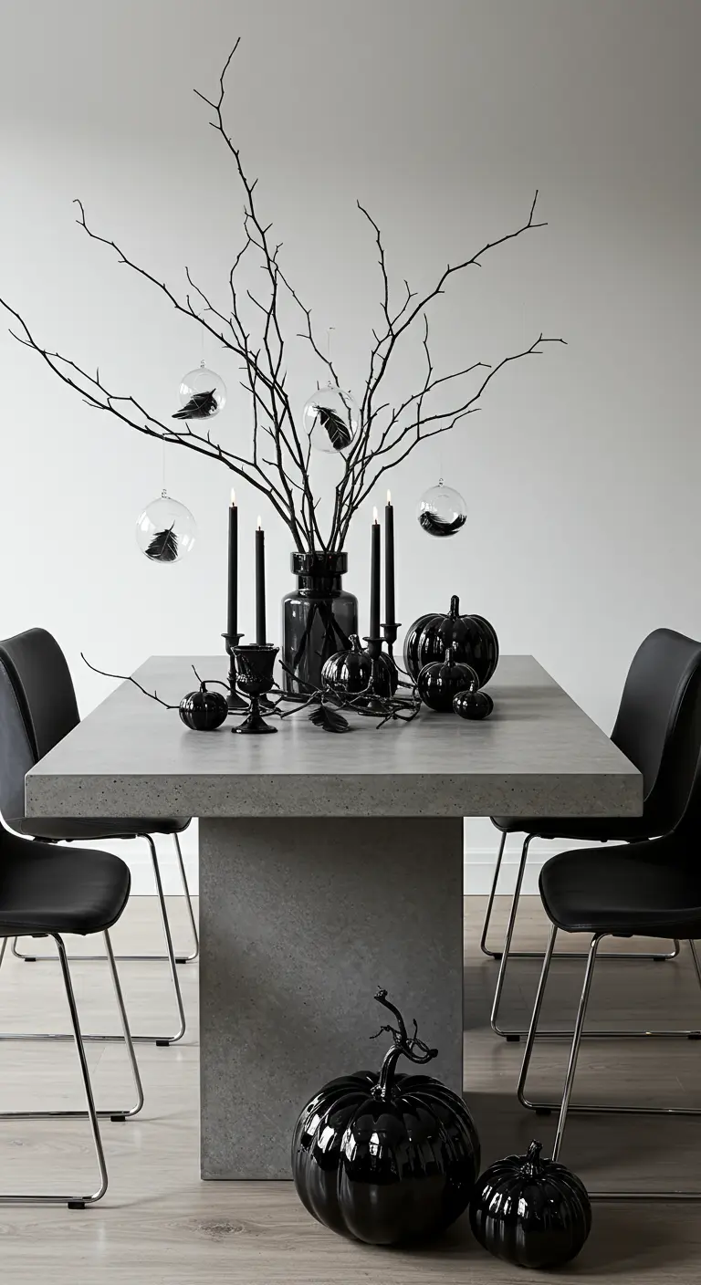 Décoration de table d'Halloween minimaliste avec des branches et des citrouilles noires.