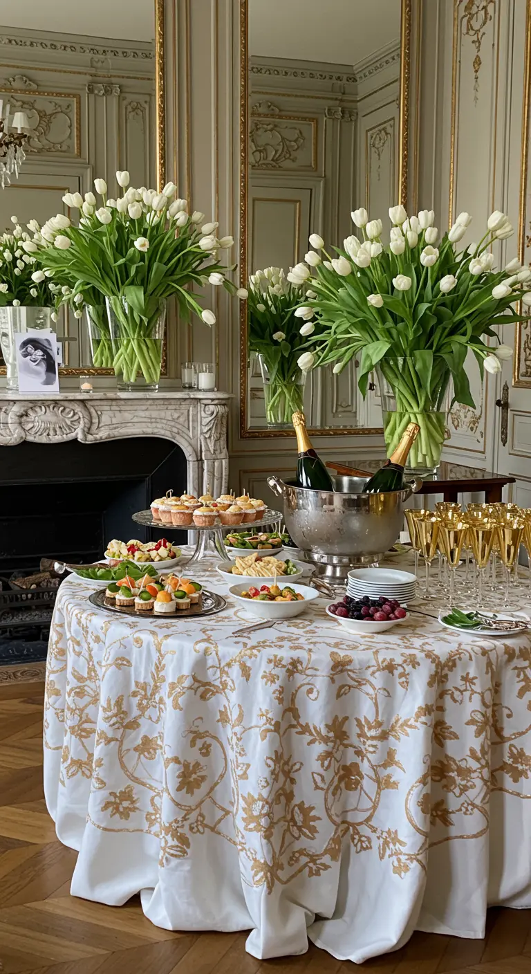 Buffet chic dans un appartement haussmannien, avec de grands vases de tulipes blanches.