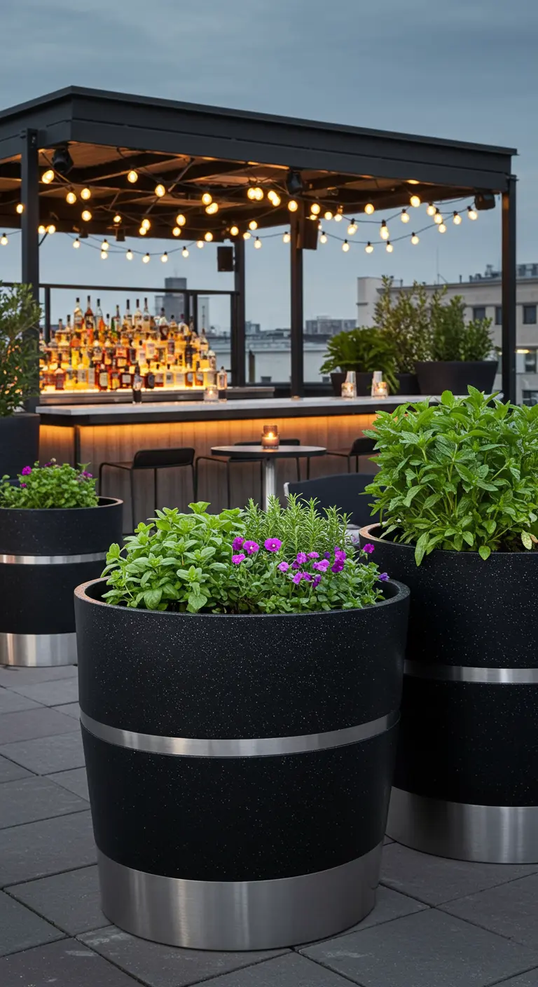 Grands pots noirs avec bases métalliques contenant des herbes et des fleurs sur un rooftop