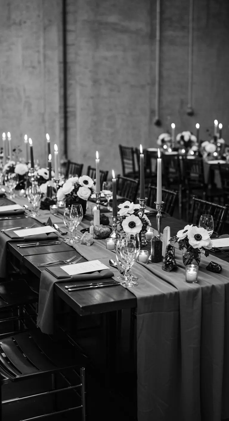 Table de réception en noir et blanc avec des anémones, des bougies et un chemin de table gris.