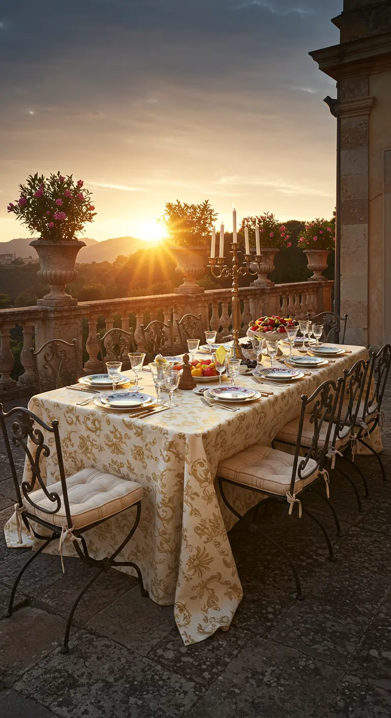 Table élégante avec nappe baroque et candélabre sur une terrasse en pierre au coucher du soleil.