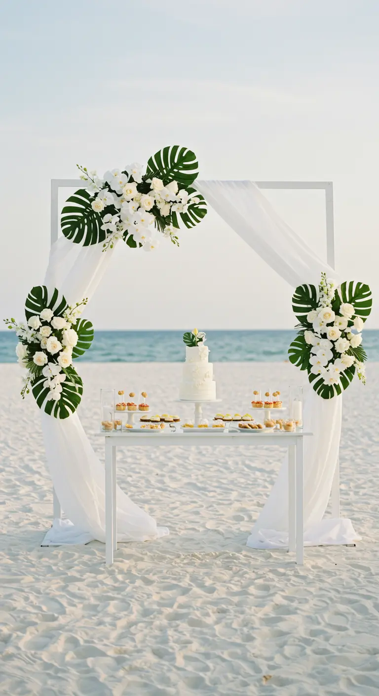 Arche carrée blanche, orchidées blanches, monstera, drapés blancs, table de desserts, plage.