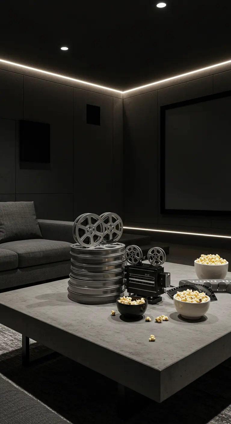 Salon minimaliste noir avec bobines de film empilées et éclairage linéaire au plafond.