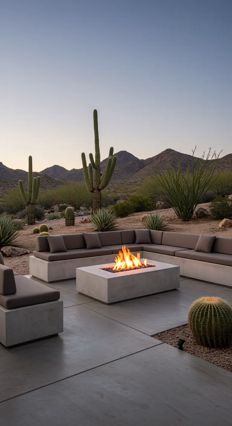 Patio moderne dans un paysage désertique avec banquettes en béton gris, coussins, grand foyer linéaire et cactus.