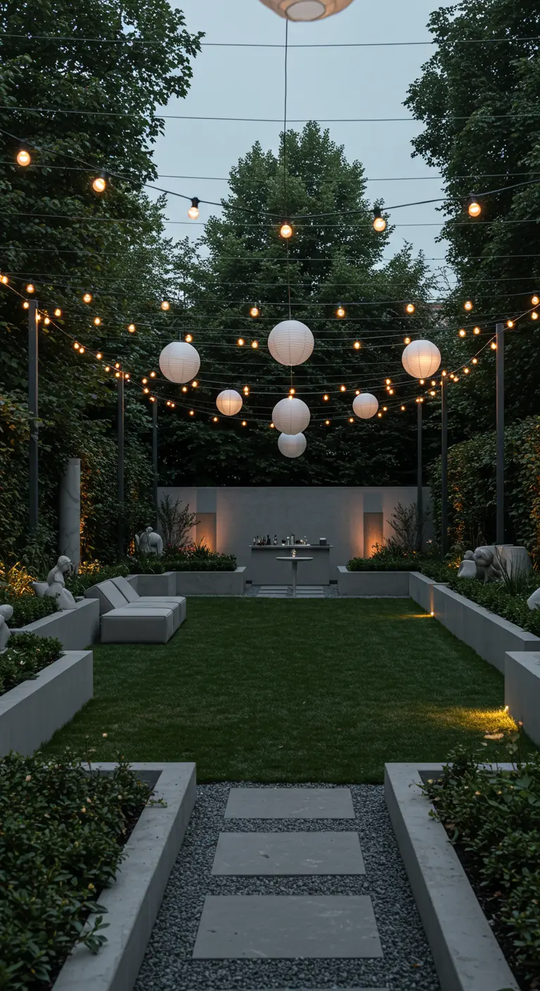 Jardin moderne et minimaliste avec allée en gravier, bar extérieur, guirlandes lumineuses et lampions blancs.