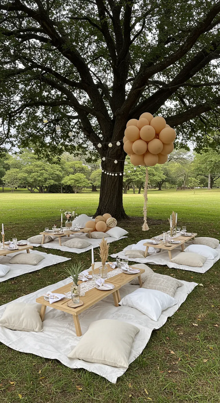 Pique-nique élégant sous un grand arbre avec des ballons blancs et des guirlandes.