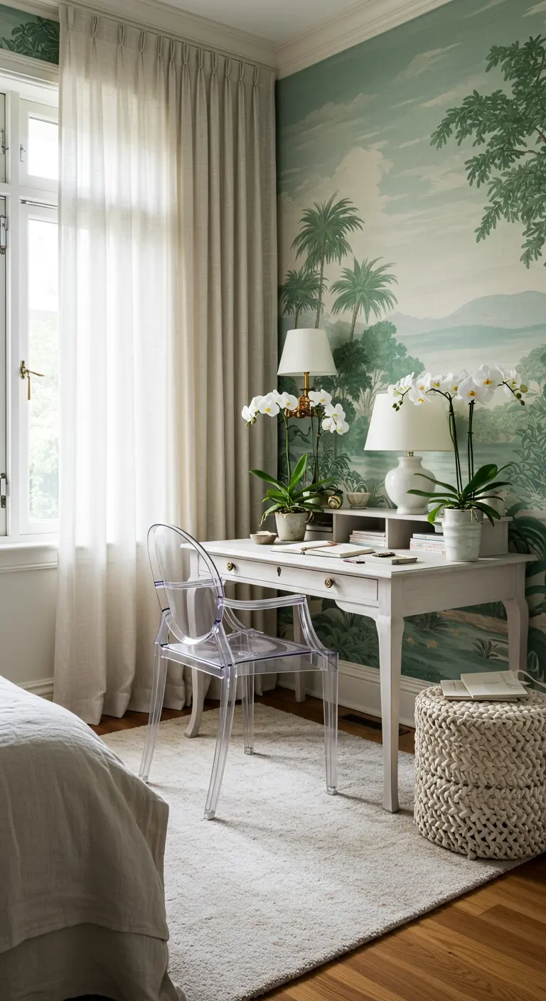 Bureau blanc dans une chambre avec papier peint paysager tropical, chaise transparente et orchidées.