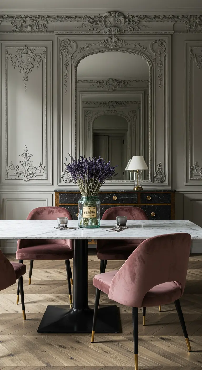Bouquet de lavande séchée dans un grand bocal en verre sur une table en marbre, style haussmannien.