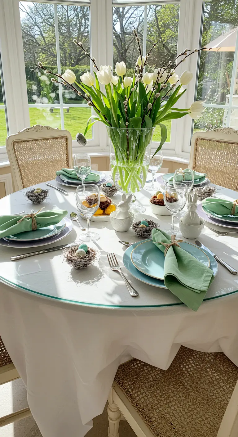 Table de Pâques élégante avec tulipes blanches et vaisselle vert d'eau.