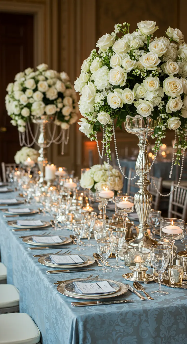 Table de réception classique avec chandeliers en argent et bouquets de roses blanches.