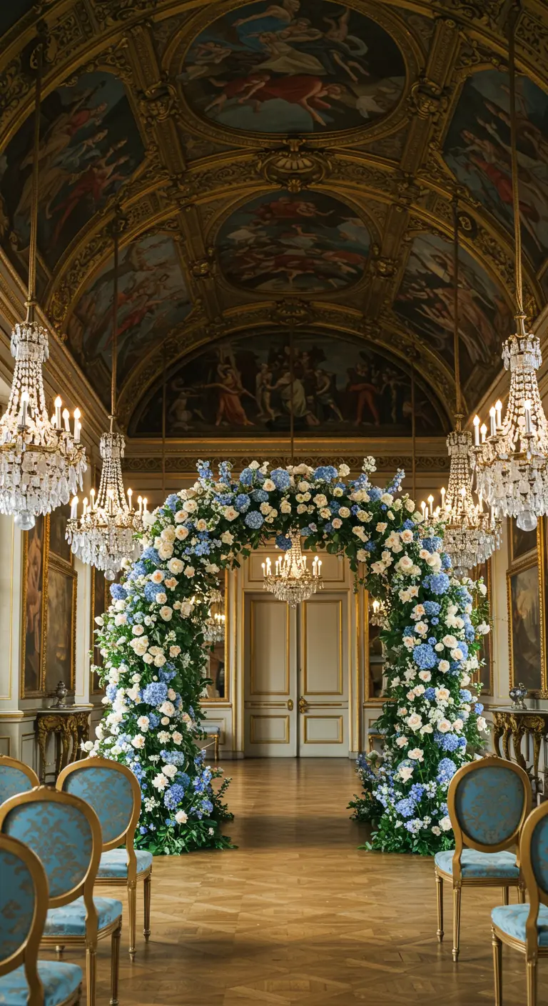 Arche de fleurs bleues et blanches dans une salle de bal dorée.