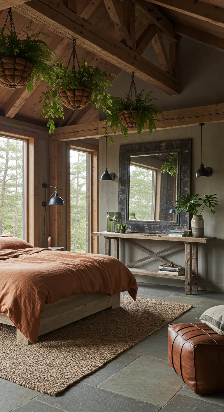 Chambre rustique avec poutres apparentes, lit en bois, grand miroir sombre et plantes en paniers suspendus.