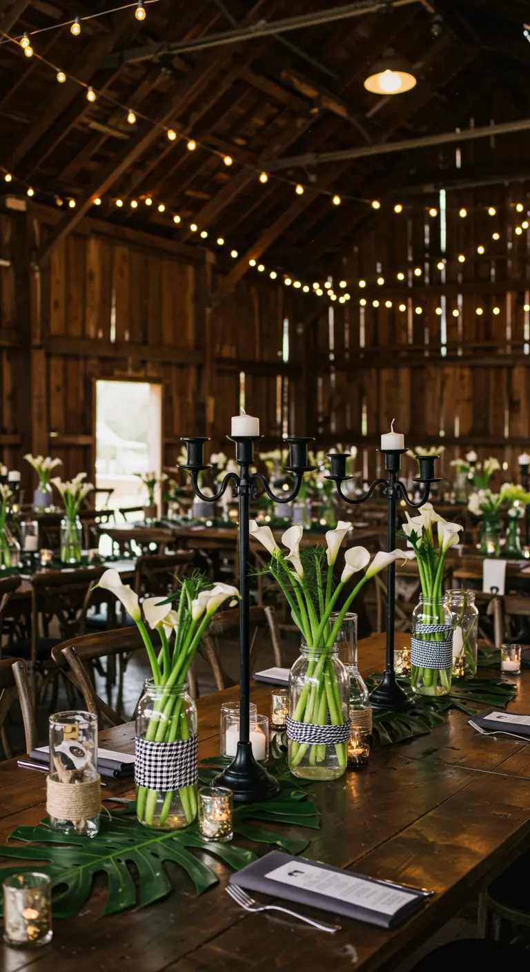 Table de mariage dans une grange, arums dans des bocaux, candélabres et feuilles de monstera.