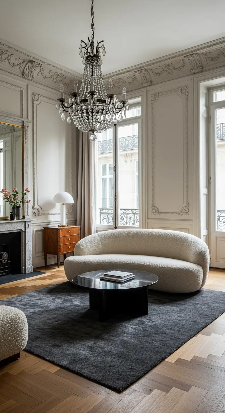 Canapé bouclé blanc incurvé sur un grand tapis gris anthracite dans un salon haussmannien.