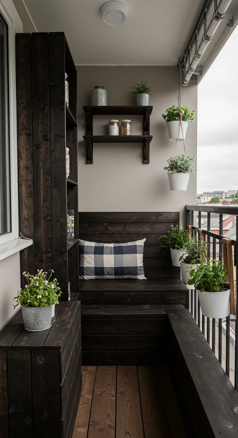 Aménagement de balcon en bois teinté foncé avec banc et étagères.