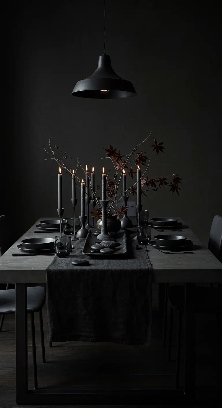 Table noire élégante avec chemin de table noir, branches nues, bougies noires et vaisselle sombre.