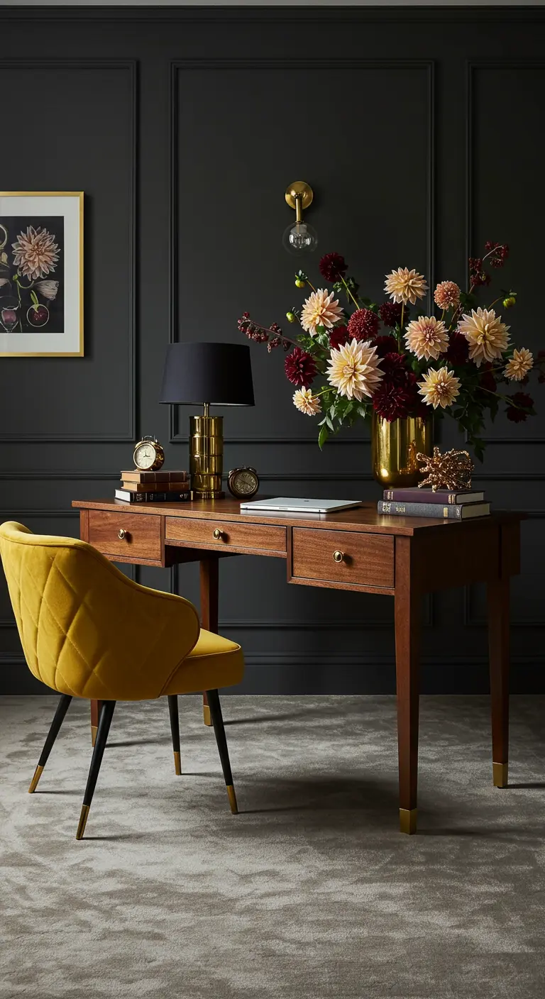 Bureau en bois devant un mur sombre, avec une chaise en velours jaune et un grand bouquet de dahlias.