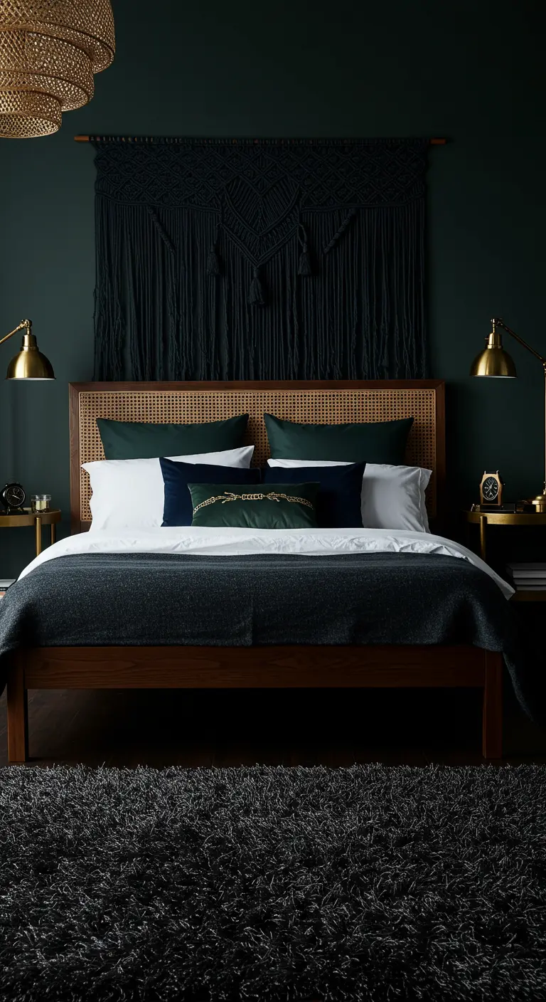 Chambre élégante avec murs vert foncé, macramé sombre, tête de lit en rotin et tapis shaggy.