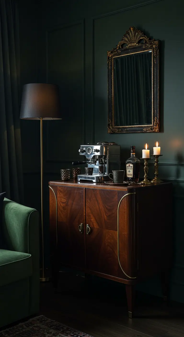 Meuble vitrine sombre avec machine à expresso, bougeoirs et miroir sur mur vert.