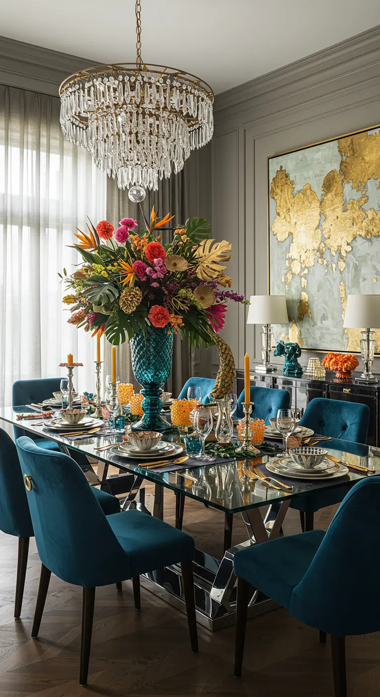 Salle à manger luxueuse avec table en verre, chaises en velours bleu et grand centre de table floral.