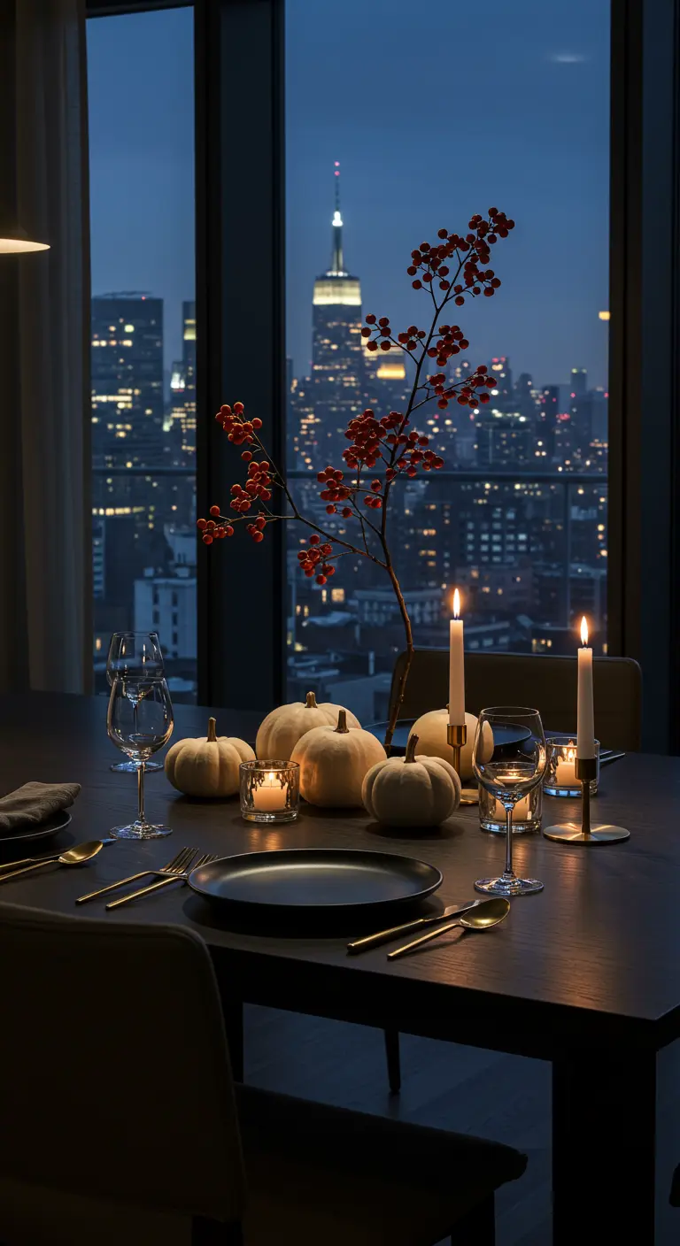 Table de dîner moderne avec citrouilles blanches et bougies, vue sur les gratte-ciel de nuit.
