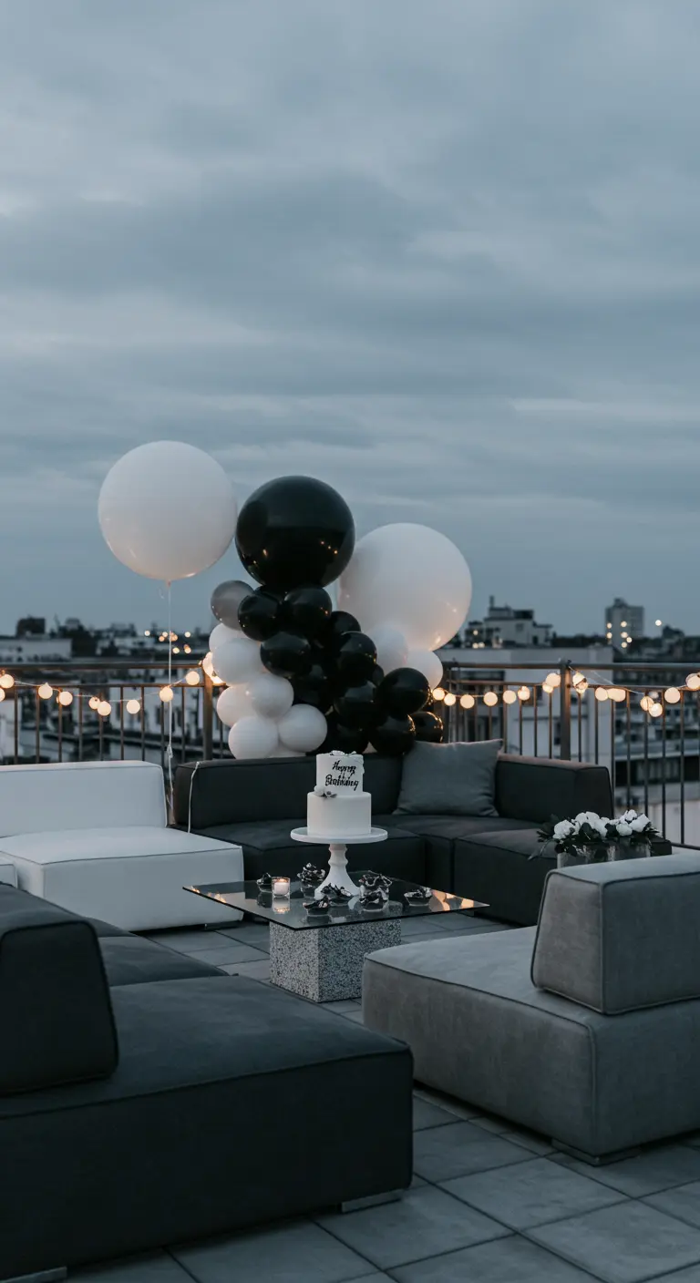 Terrasse urbaine décorée en noir et blanc, ballons géants et guirlandes lumineuses.