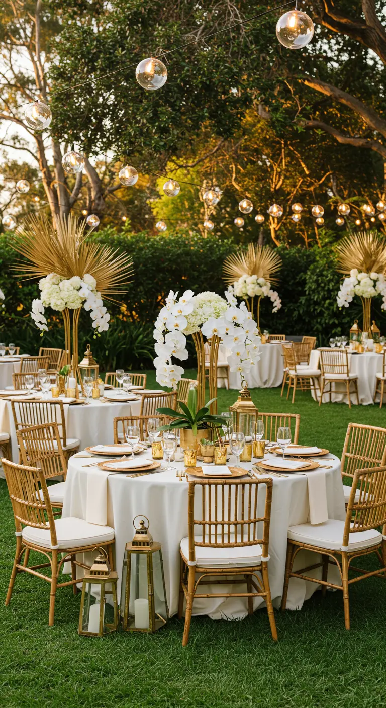 Dîner en plein air dans un jardin avec tables rondes, chaises en rotin, centres de table blancs et dorés, lanternes.