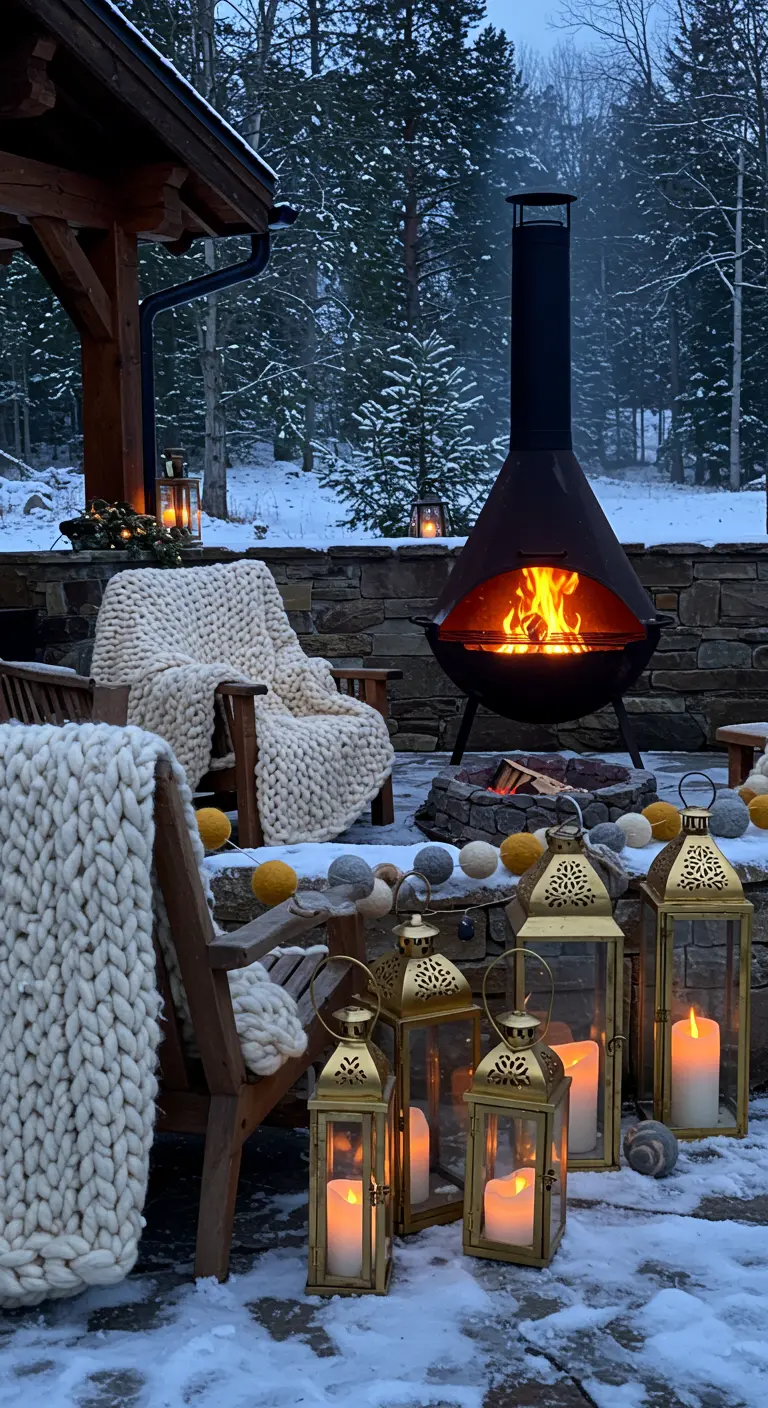 Terrasse d'hiver enneigée avec brasero, plaids en grosse maille et lanternes dorées.
