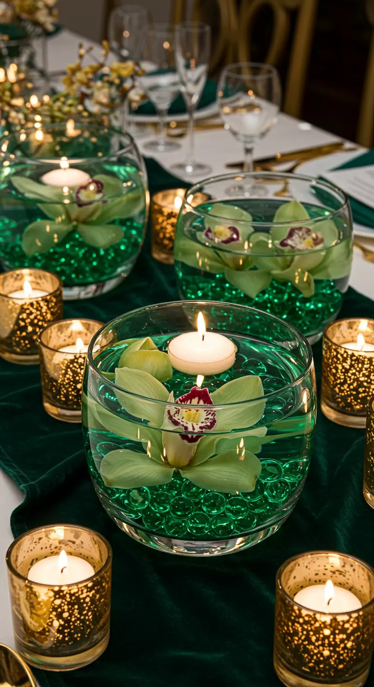 Table de fête vert émeraude et or avec orchidées et bougies flottantes.