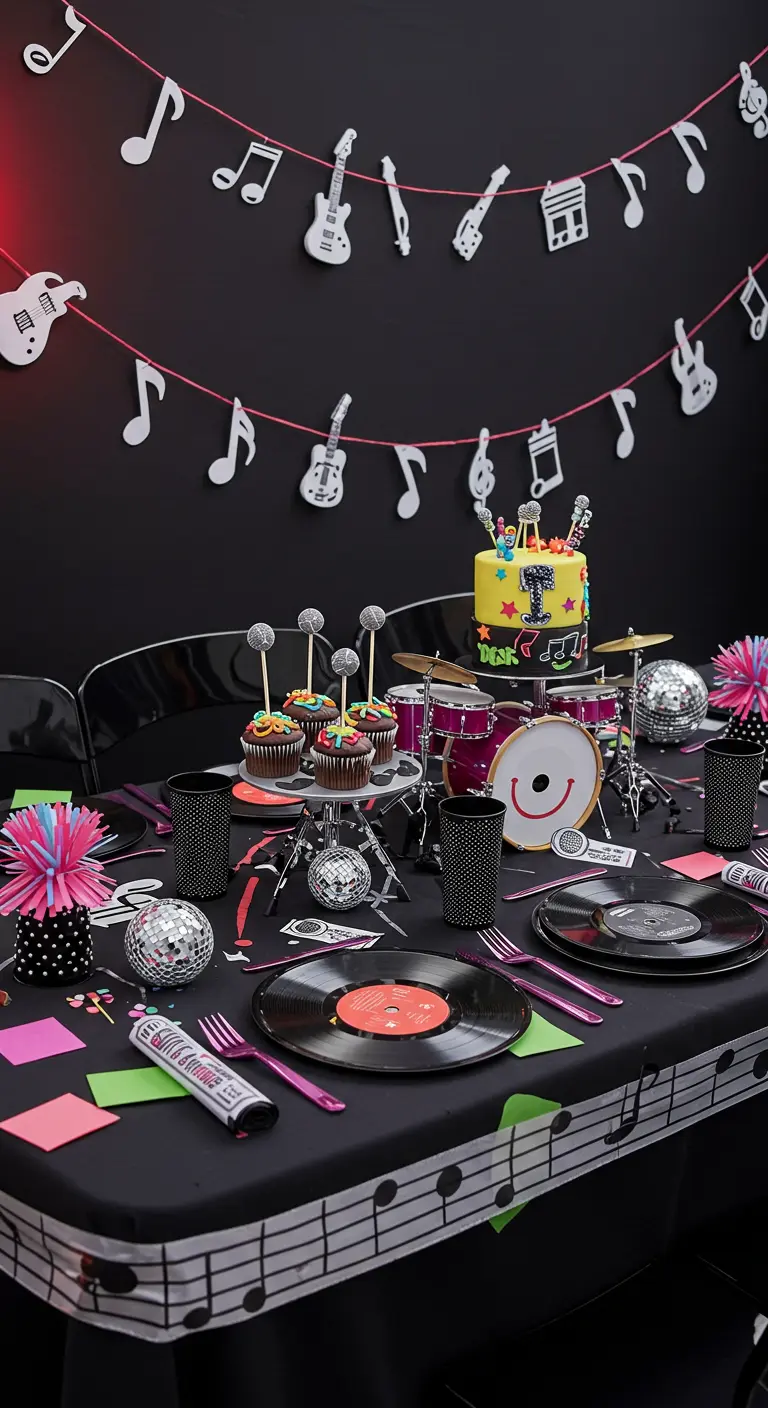 Table de fête rock'n'roll avec assiettes-vinyles, guirlande de notes et boules à facettes.