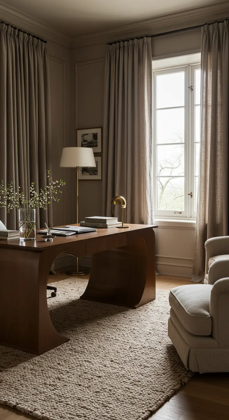 Bureau aux formes arrondies en bois, murs taupe et longs rideaux en lin.
