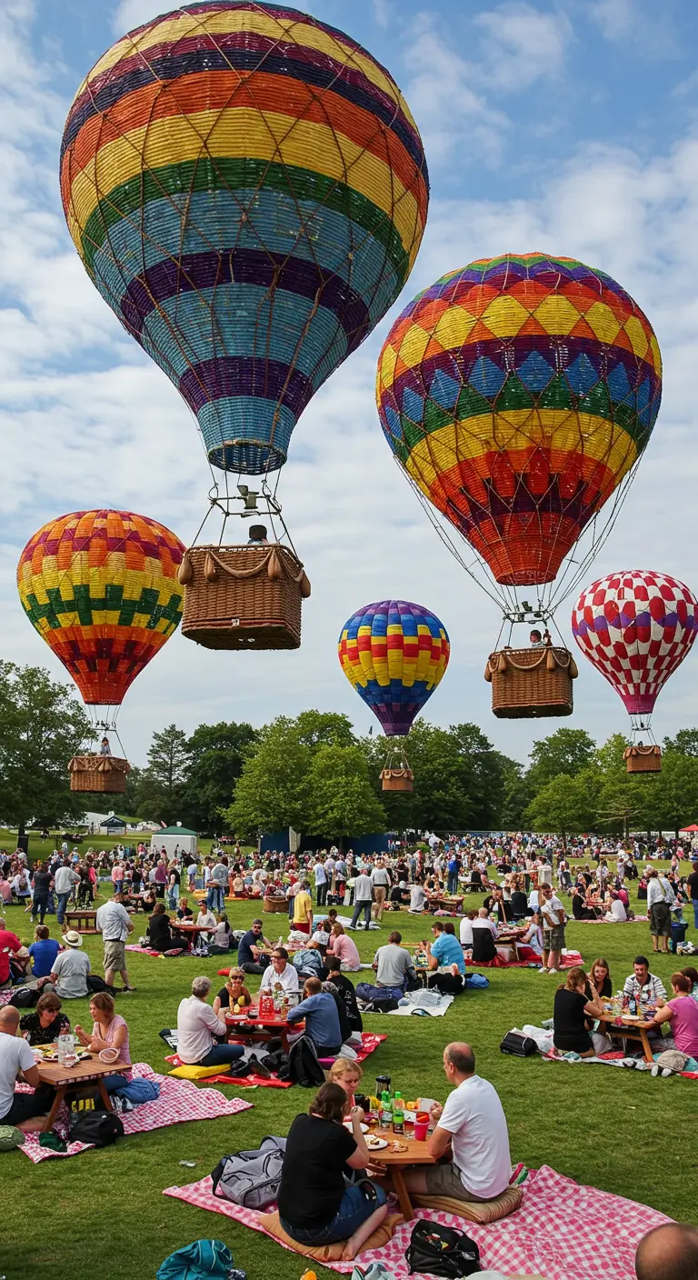 Plusieurs montgolfières colorées en ballons géants flottant au-dessus d'un parc.