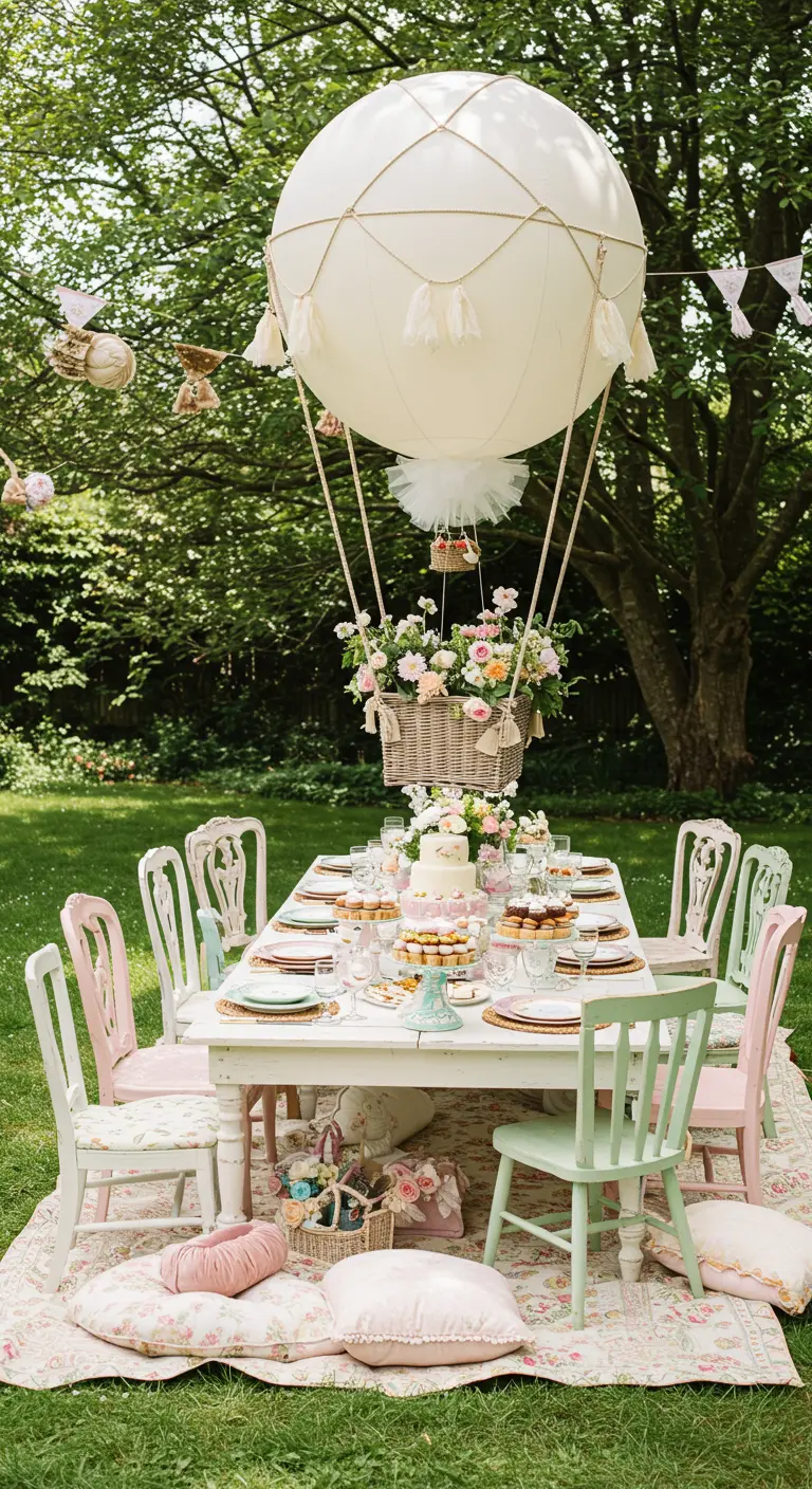 Montgolfière DIY avec un ballon blanc et un panier de fleurs pour une garden party.