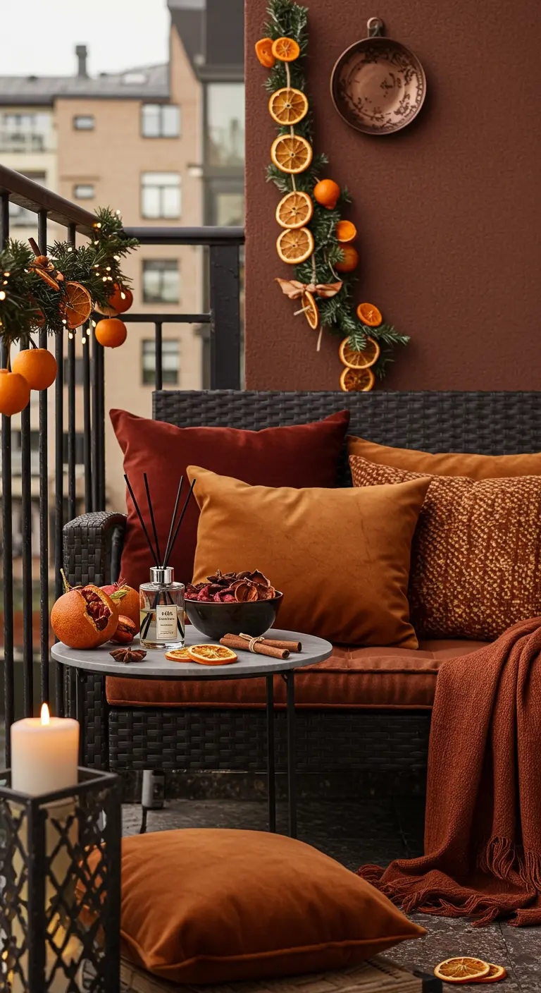 Balcon d'automne confortable avec des coussins orange brûlé et une guirlande d'agrumes.