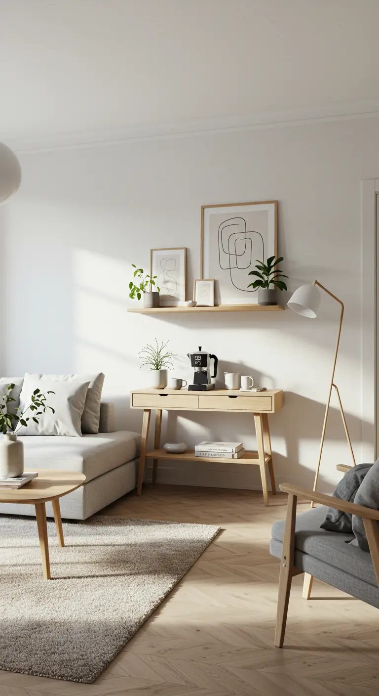 Coin café minimaliste avec console en bois clair, plantes et cadres abstraits.
