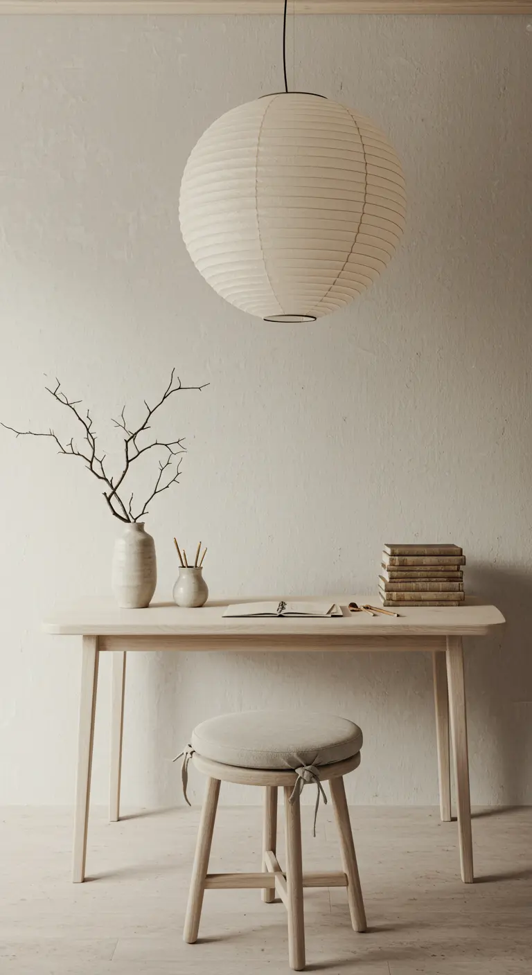 Bureau minimaliste en bois clair avec une suspension en papier et un vase avec une branche.