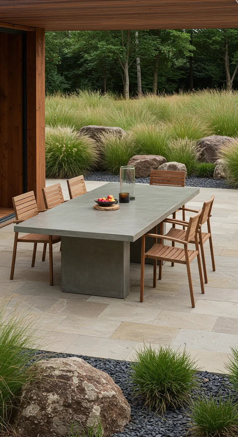Table de repas moderne en béton avec des chaises en bois sur une terrasse en pierre.