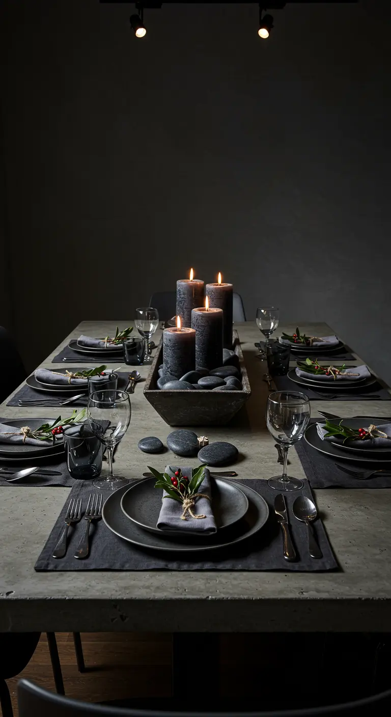 Table de fête moderne et sombre avec un centre de table composé de bougies noires et de galets.