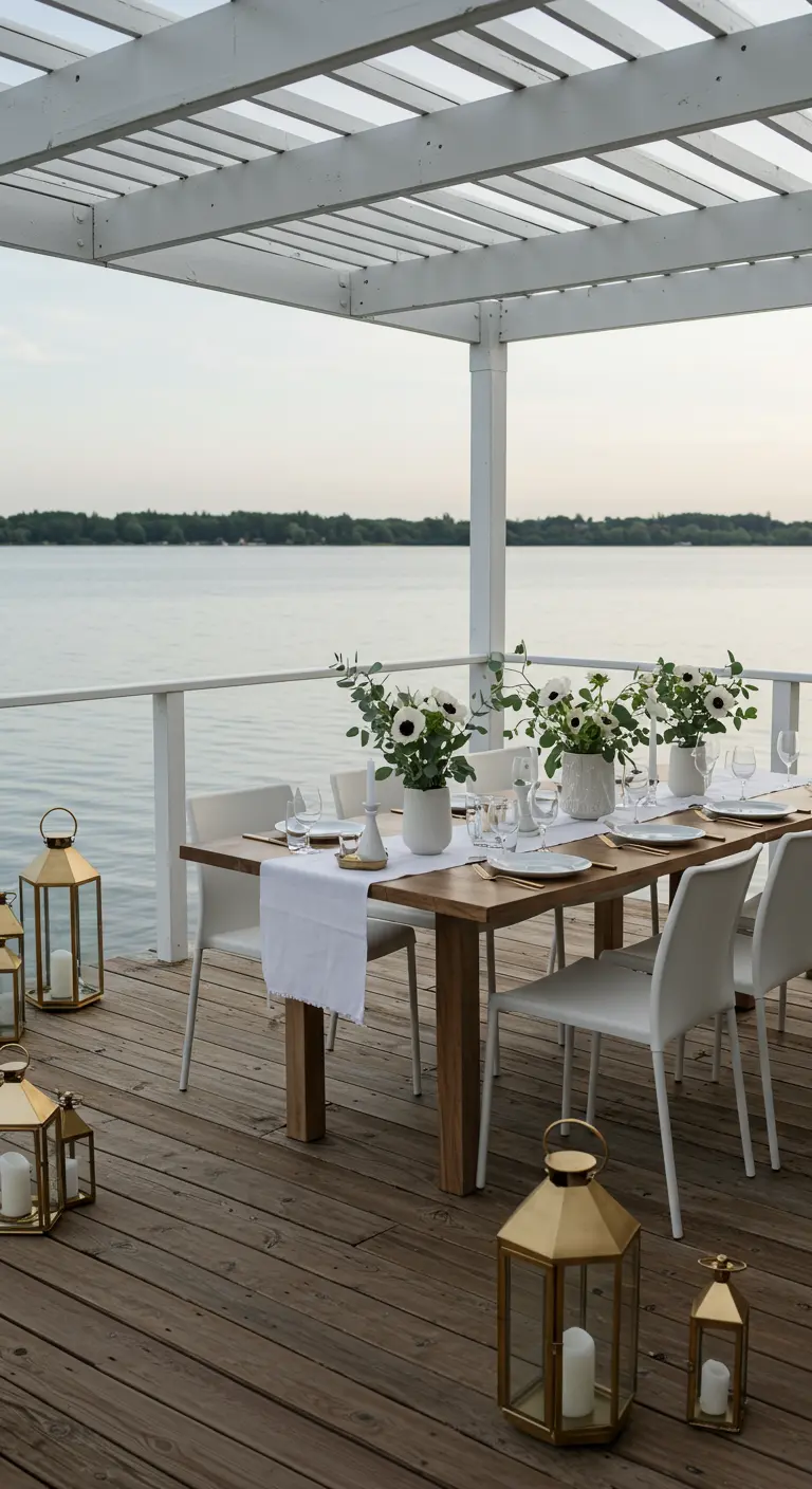 Table dressée sur une terrasse en bois au bord d'un lac, avec des lanternes dorées au sol.