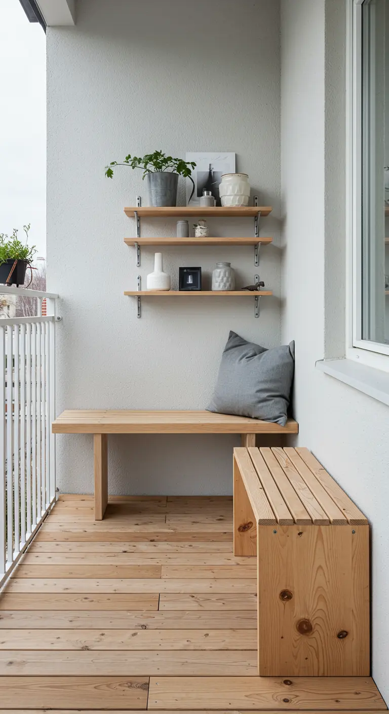 Aménagement de balcon minimaliste avec des bancs et étagères en bois clair.