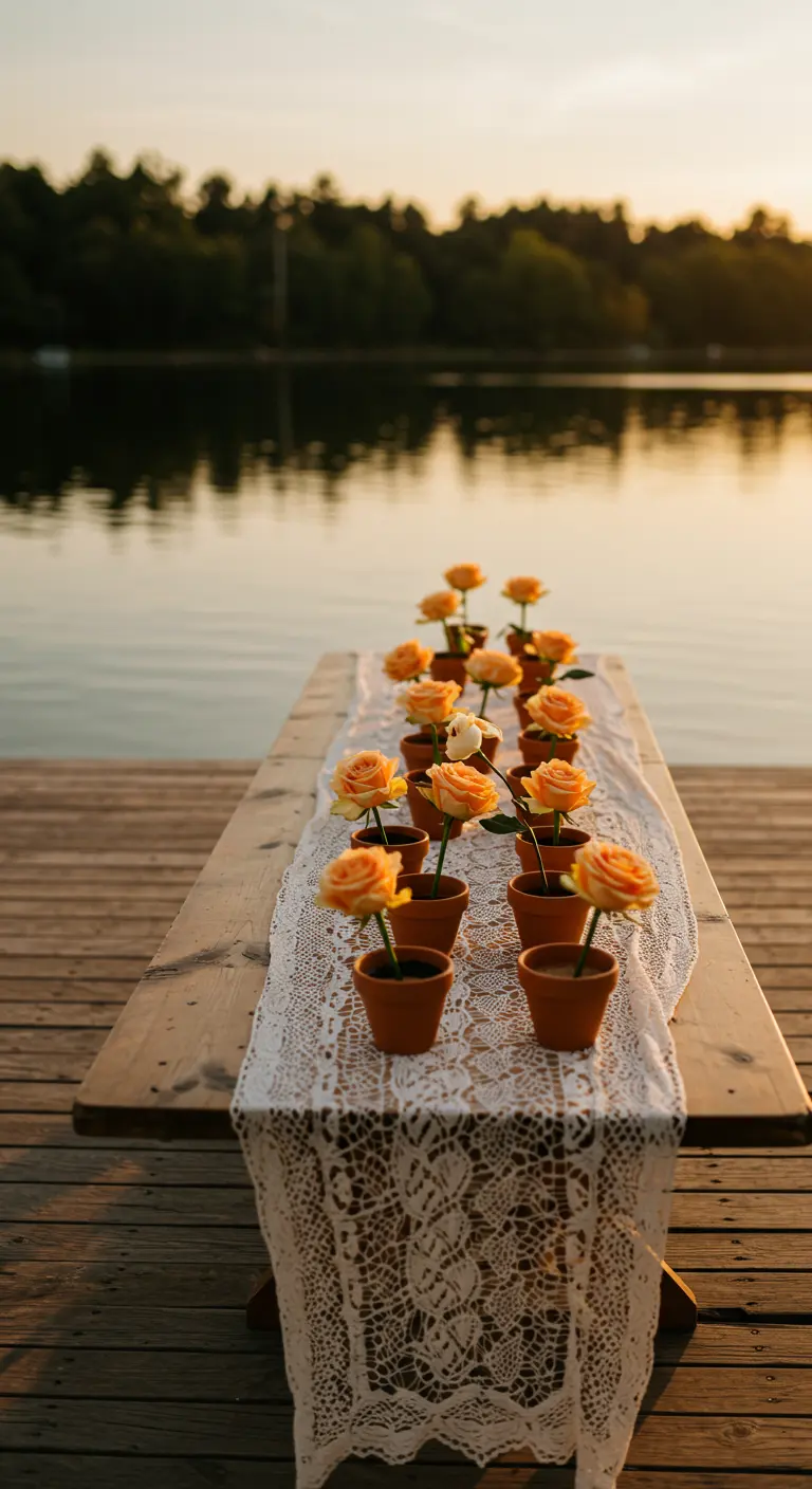 Ligne de roses individuelles en pots sur une table en bois au bord d'un lac.