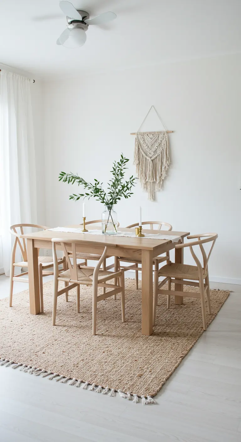 Salle à manger minimaliste avec table en bois, tapis en jute et macramé mural.