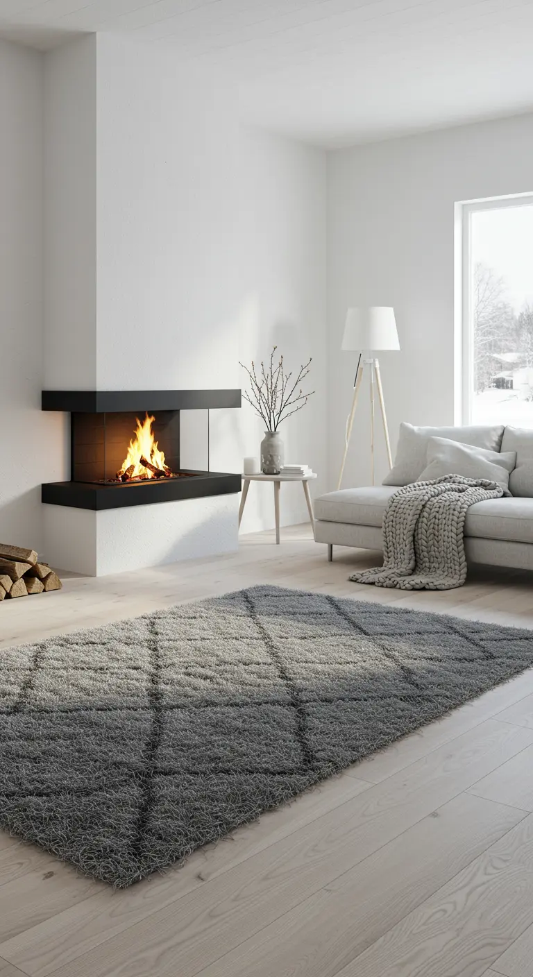 Salon minimaliste blanc avec cheminée d'angle moderne et tapis gris texturé.