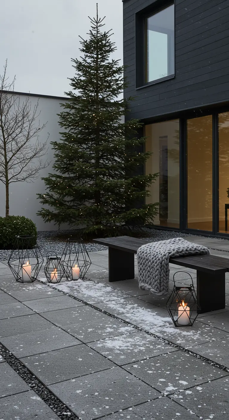 Patio moderne avec banc, sapin, plaid en grosse maille et lanternes géométriques.