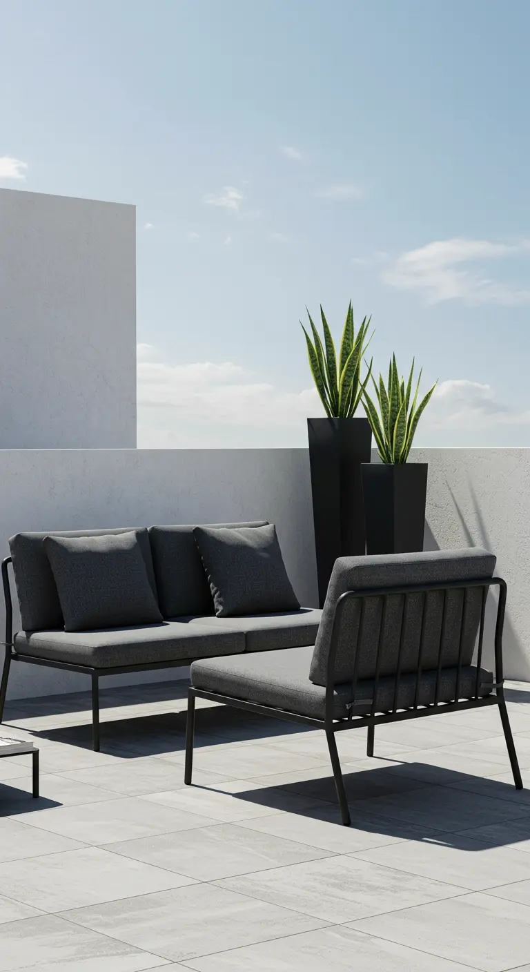 Mobilier de jardin minimaliste gris foncé sur une terrasse en béton clair.