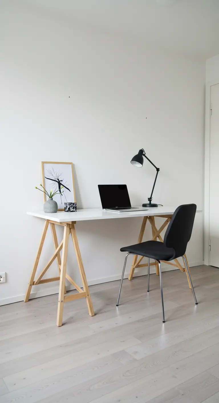 Bureau scandinave minimaliste avec un ordinateur portable, une lampe et une petite plante