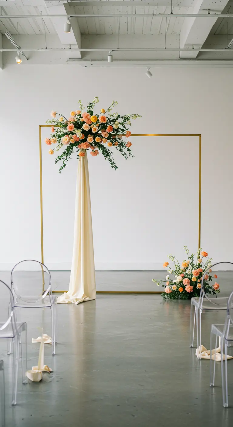 Arche carrée dorée dans un espace minimaliste avec fleurs pêche et drapé ivoire.